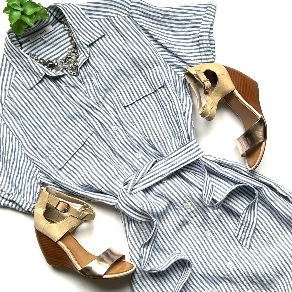 FRAME Striped Linen Shirt Dress Blue and White Short Sleeve Midi Button Front M